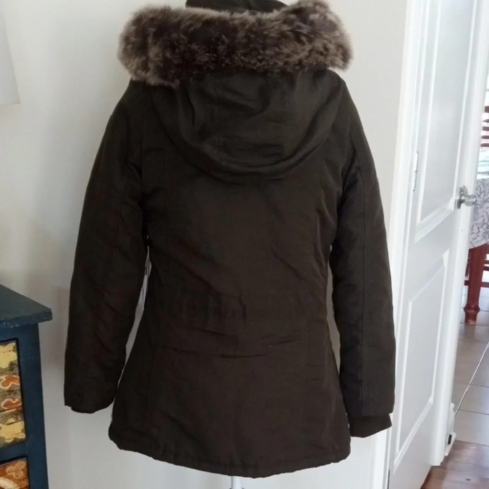 Women's Dark Green Parka Coat with Fur Trim - Picture 3 of 11